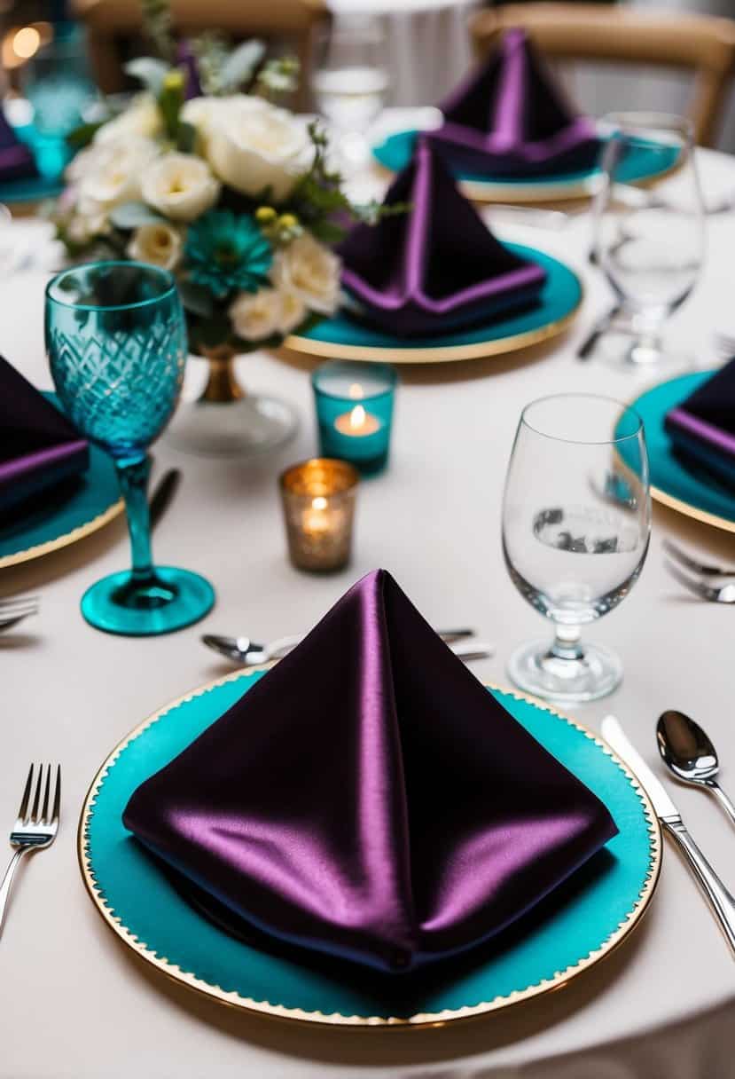 A table set with eggplant satin napkins and teal accents for a wedding reception