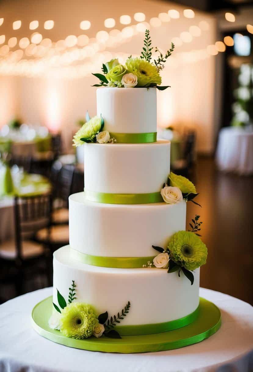A three-tiered wedding cake with lime green accents and floral decorations