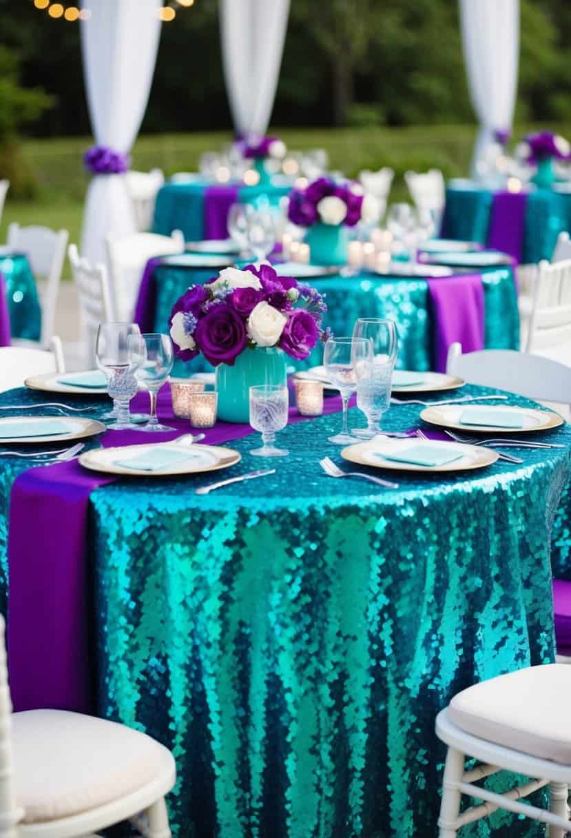 A table set with teal sequin tablecloths adorned with purple and teal wedding decor