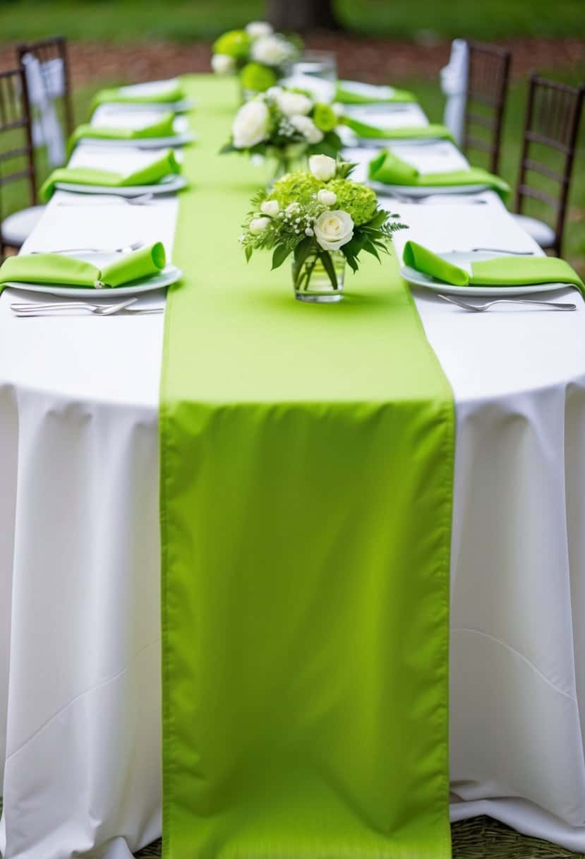 A lime green table runner drapes across a white table, adorned with matching napkins and floral centerpieces