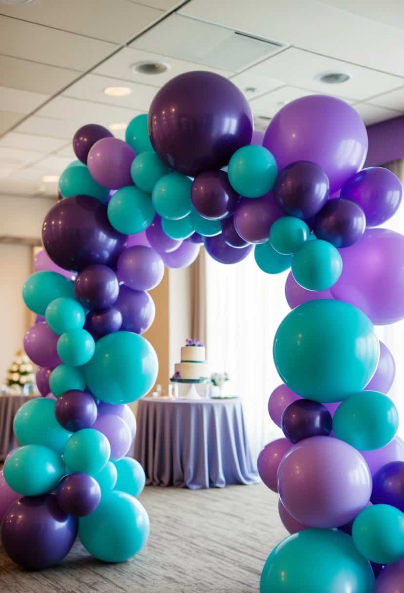 A festive balloon arch in shades of purple and teal, creating a whimsical and vibrant backdrop for a wedding celebration