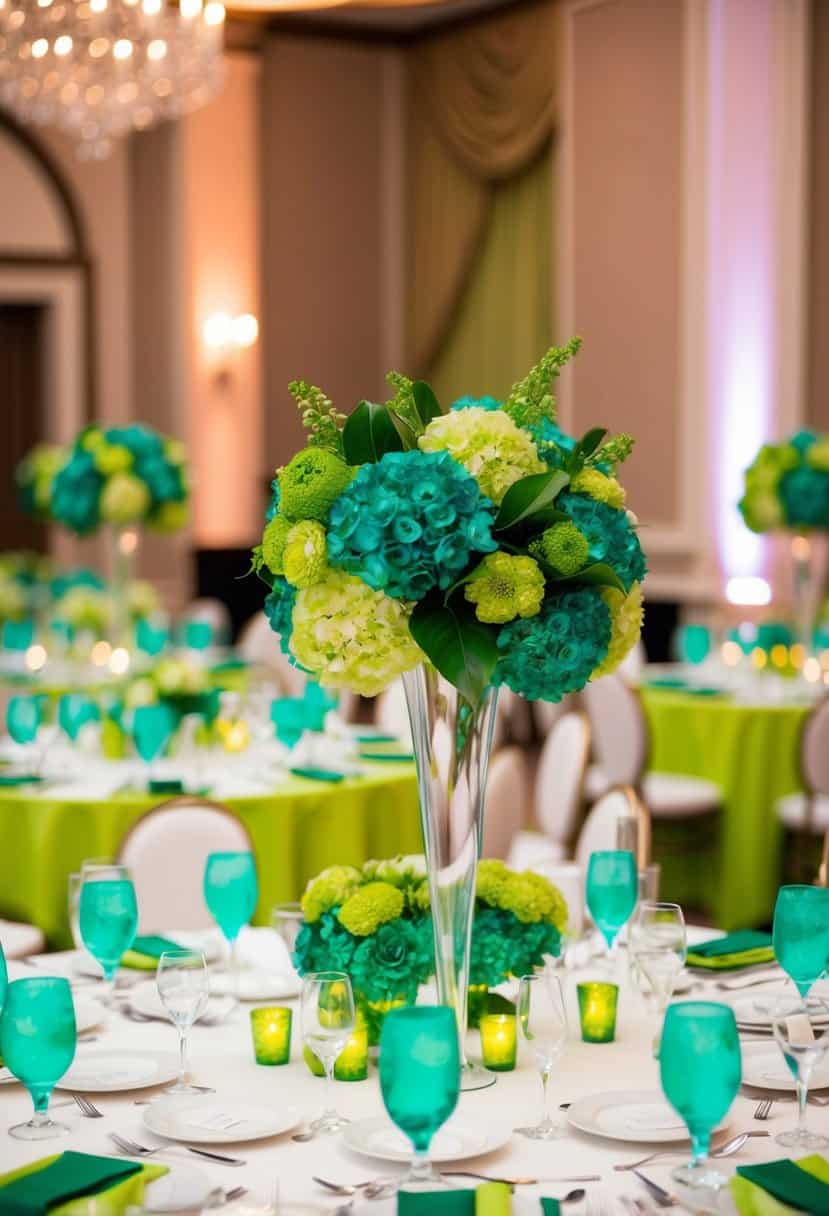 Vibrant emerald and lime green centerpieces adorn a wedding reception, adding a pop of color to the elegant decor