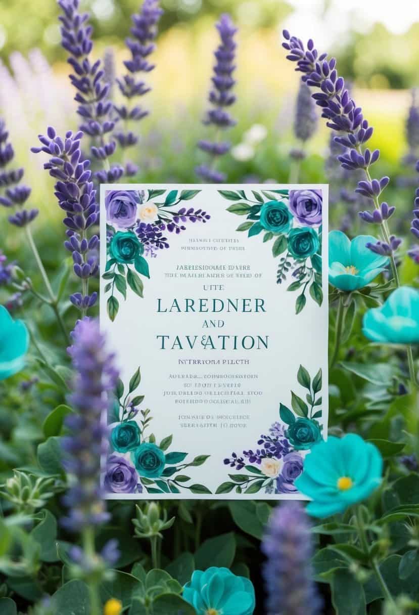 A serene garden setting with lavender and teal flowers interwoven in a decorative wedding invitation design