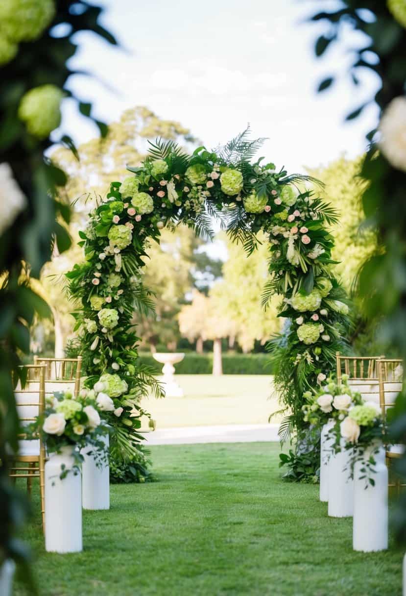 A lush lime green and gold ceremony arch adorned with flowers and foliage
