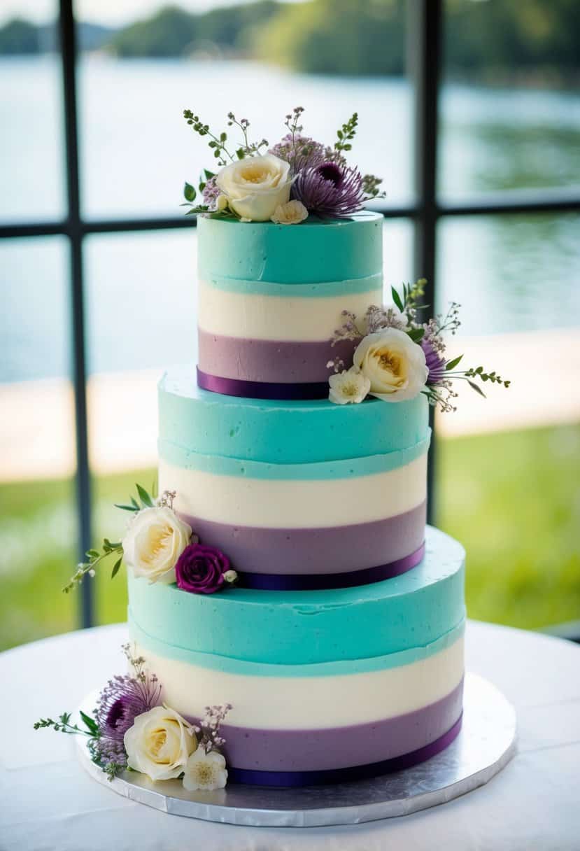 A three-tiered wedding cake with teal and plum colored frosting, adorned with delicate flowers and intricate designs