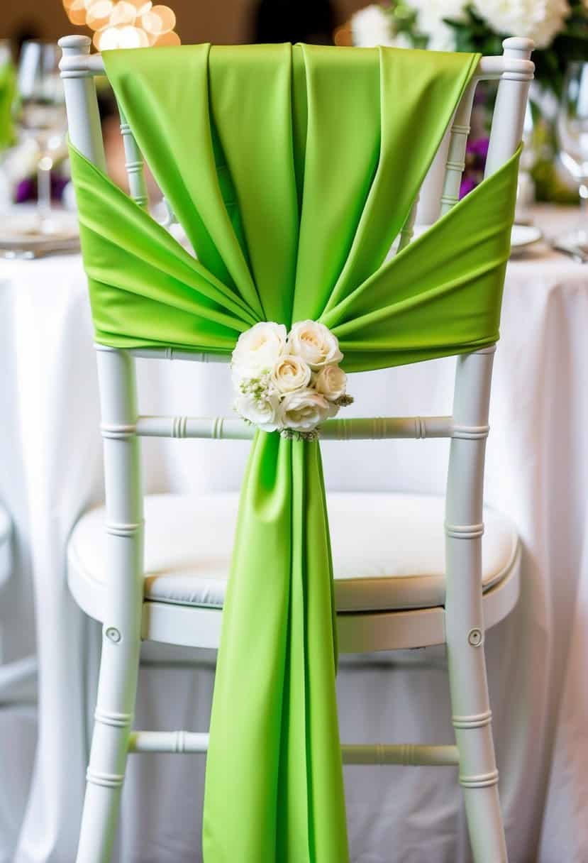 A lime green chair sash drapes elegantly over a white chair at a wedding reception