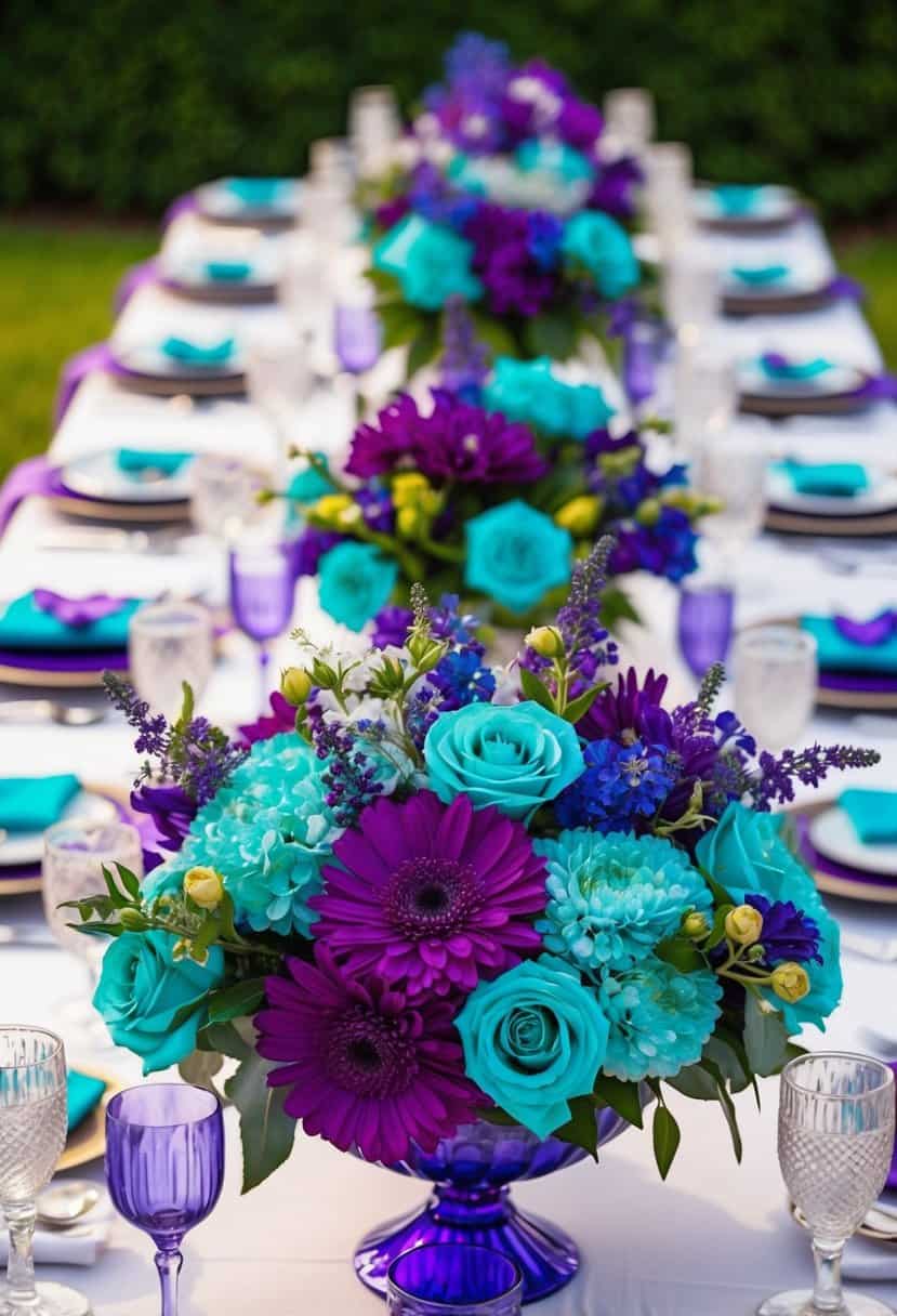 A table adorned with violet and turquoise floral arrangements, creating a vibrant and elegant display for a wedding celebration