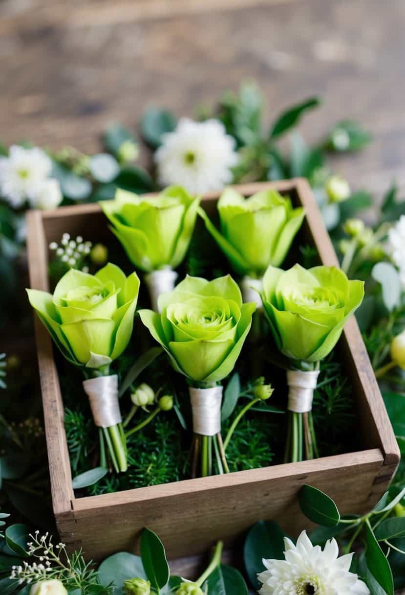 Lime green boutonnieres arranged in a rustic wooden box, surrounded by fresh greenery and delicate white flowers
