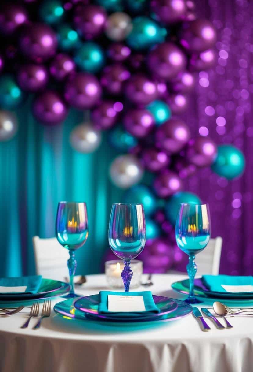 Iridescent teal glassware set against a backdrop of rich purple and teal hues, creating a stunning and elegant color palette for a wedding