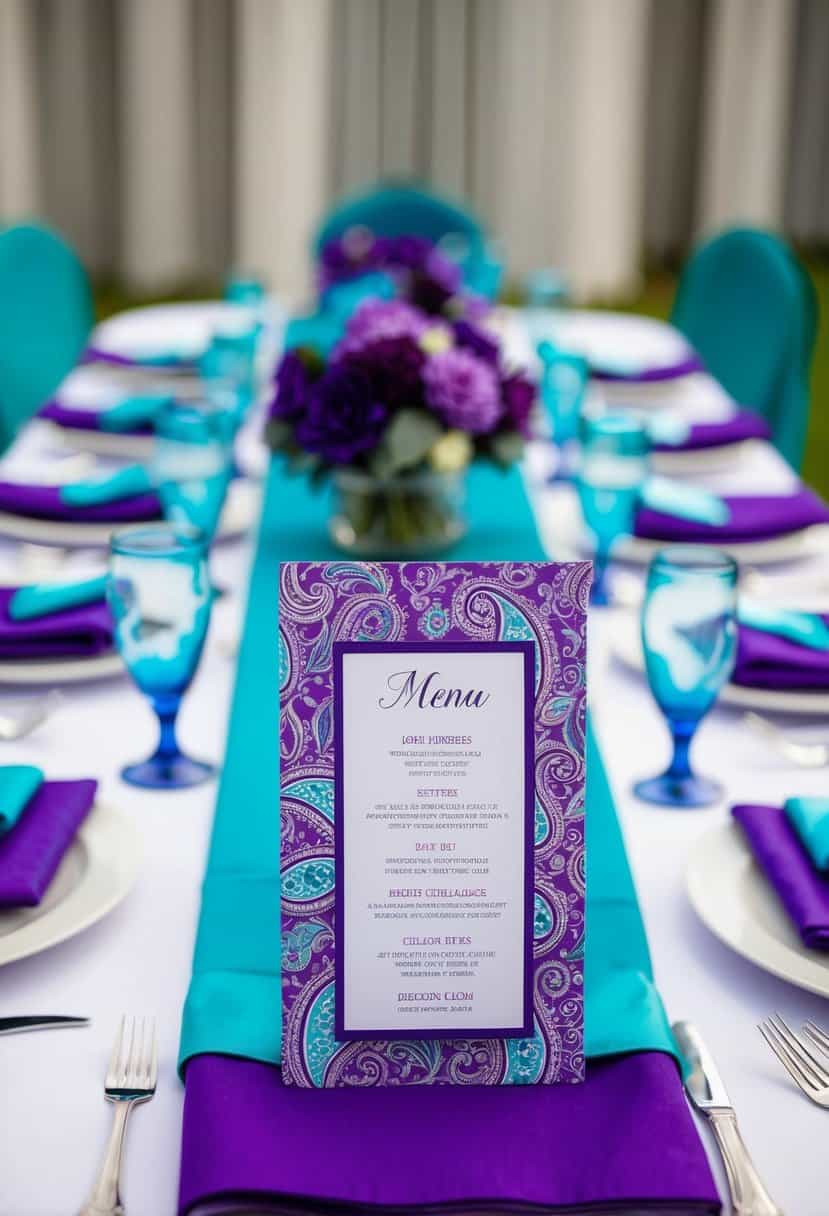 A table set with purple paisley menu cards, surrounded by teal and purple wedding decor