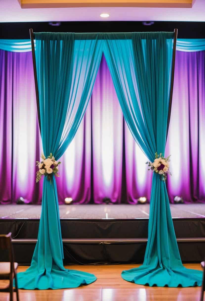 A teal draped ceremony backdrop with purple accents