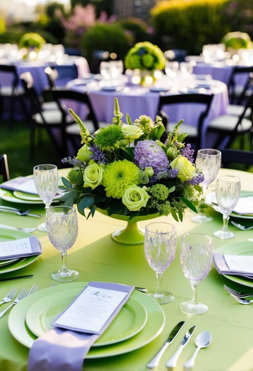 A lime green and lavender wedding table setting with floral centerpieces and coordinating linens