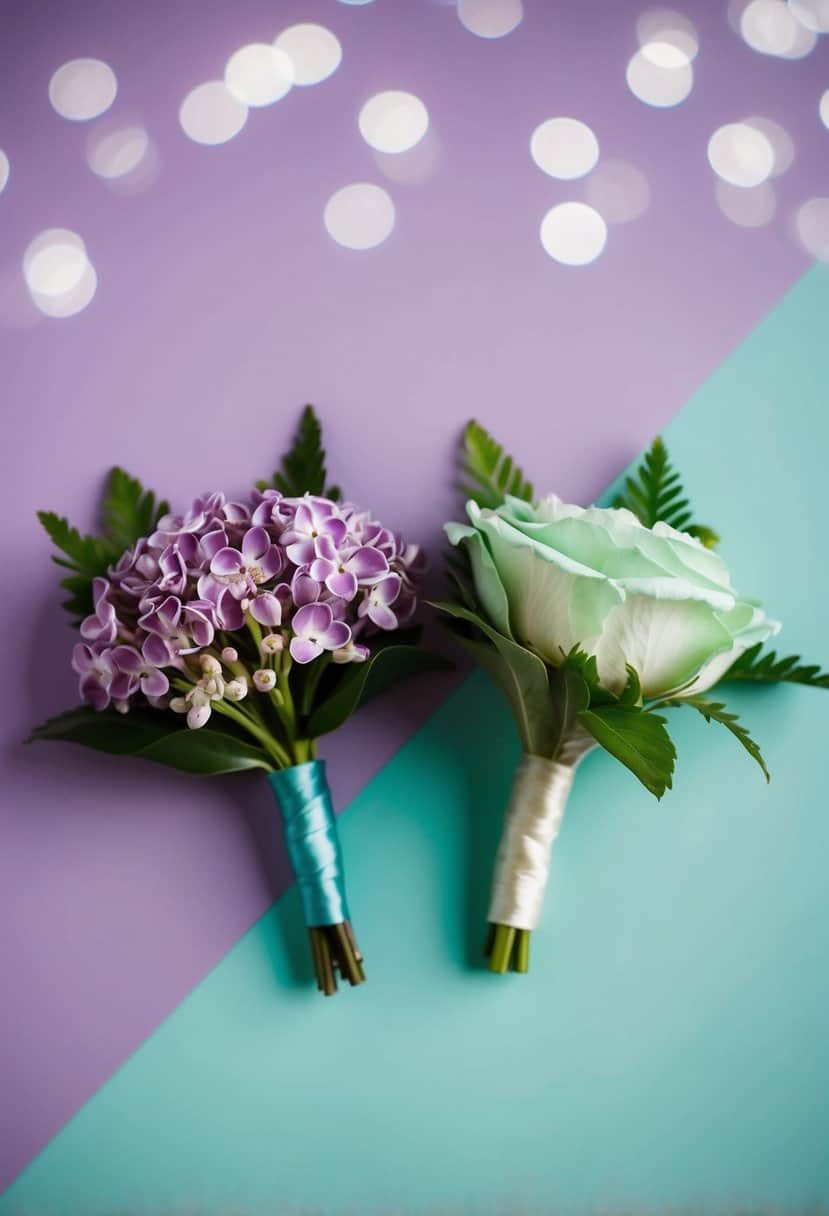 A close-up of two boutonnières, one in lilac and the other in mint, against a soft purple and teal background