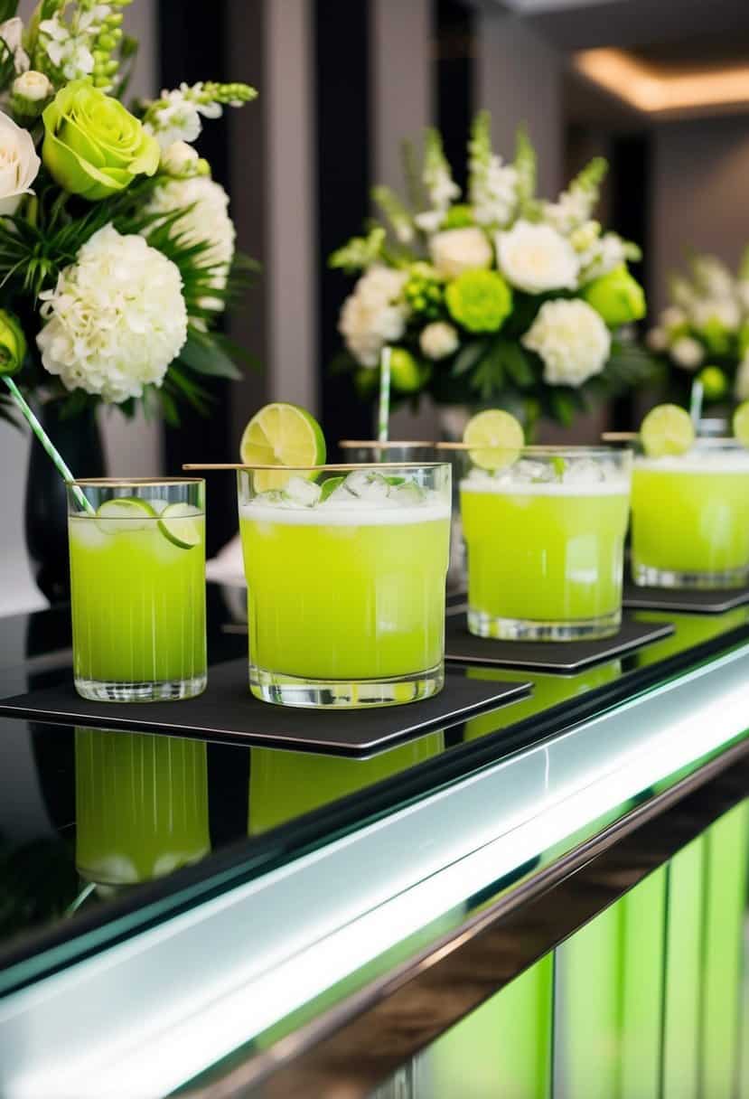 A festive wedding reception with lime green signature cocktails served on a sleek, modern bar, surrounded by elegant floral arrangements in matching hues