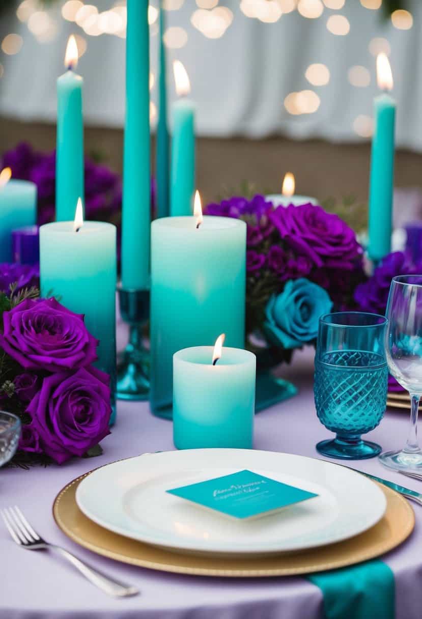 A table set with teal ombre candles, surrounded by purple and teal wedding decor
