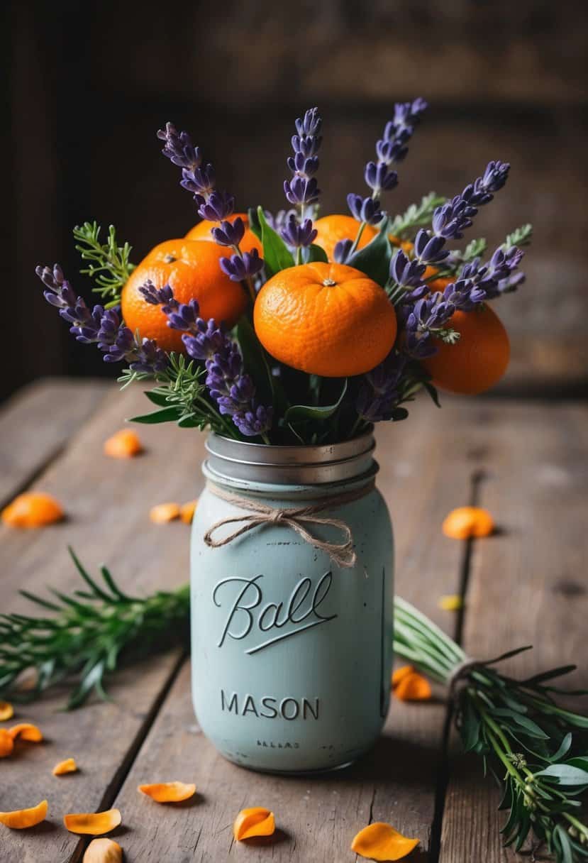 A rustic orange and lavender bouquet sits in a vintage mason jar on a wooden table, surrounded by scattered petals and greenery
