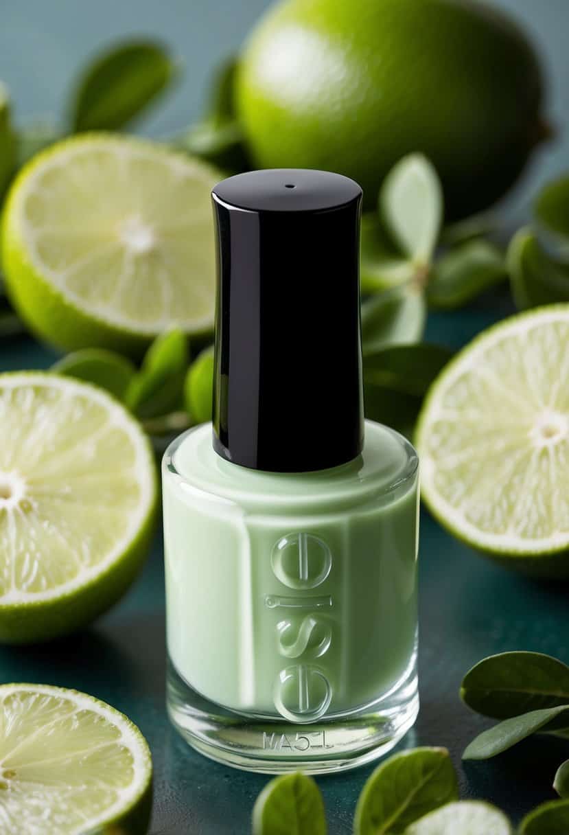 A pale lime green nail polish bottle surrounded by fresh lime slices and greenery