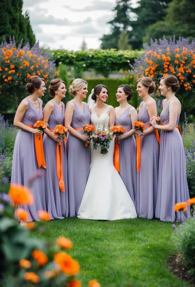 Lavender bridesmaid dresses with orange sashes in a garden setting with orange and lavender flowers