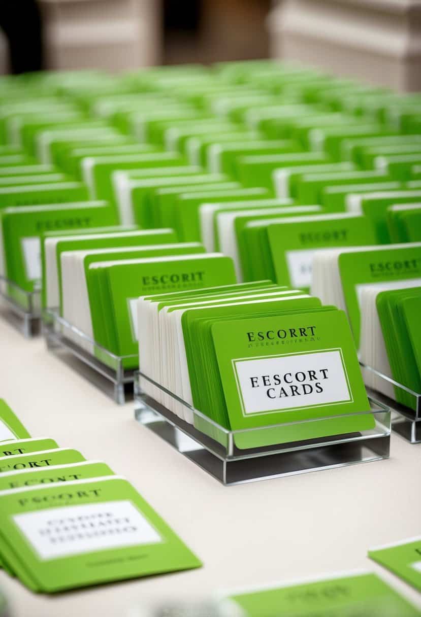 A table adorned with lime green escort cards arranged in an elegant display