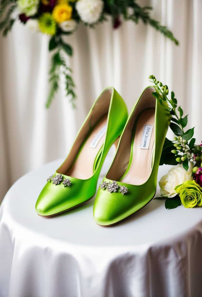 Lime green wedding shoes displayed on a white satin background with floral accents