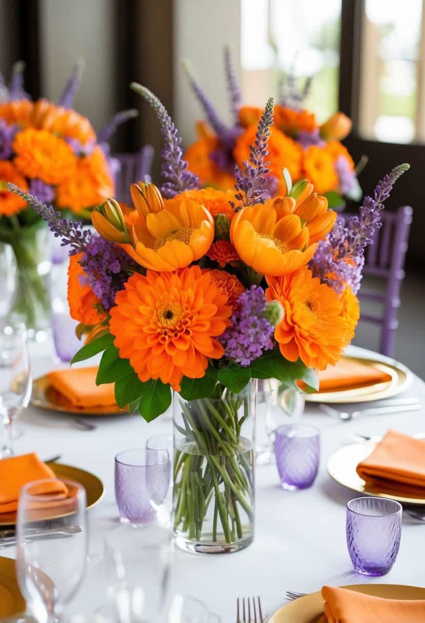 Vibrant orange floral centerpieces with delicate lavender accents arranged on a table for a wedding celebration