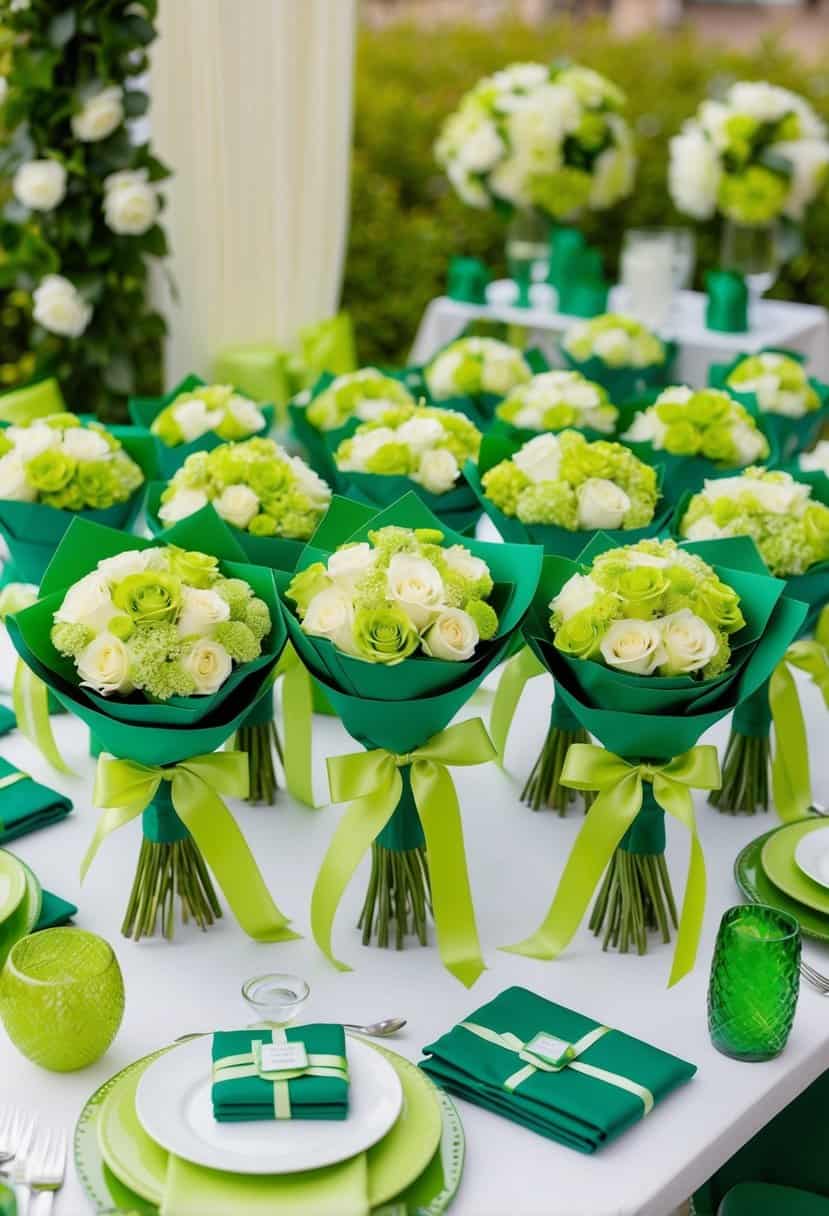 A collection of lime green ribbon-wrapped bouquets arranged on a white table, surrounded by various green wedding decor and accessories