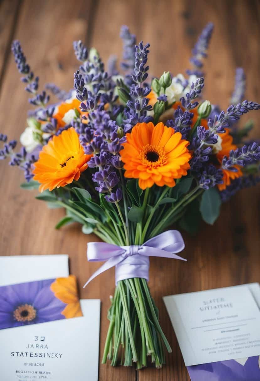 A bouquet of lavender and orange flowers tied with a ribbon, surrounded by matching wedding stationery