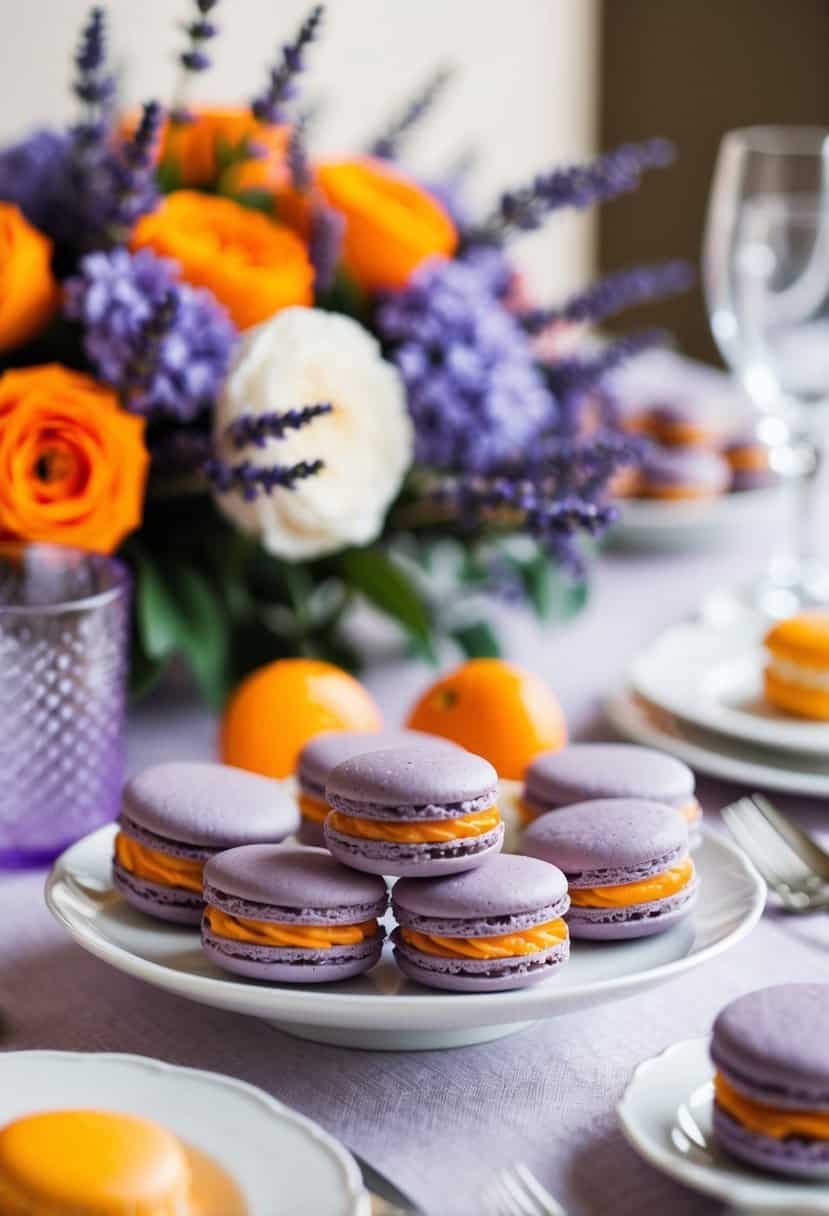 A table set with lavender macarons and orange zest filling, surrounded by lavender and orange wedding decor