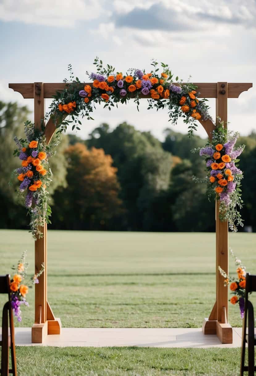A wooden ceremony arch draped with orange and lavender flowers