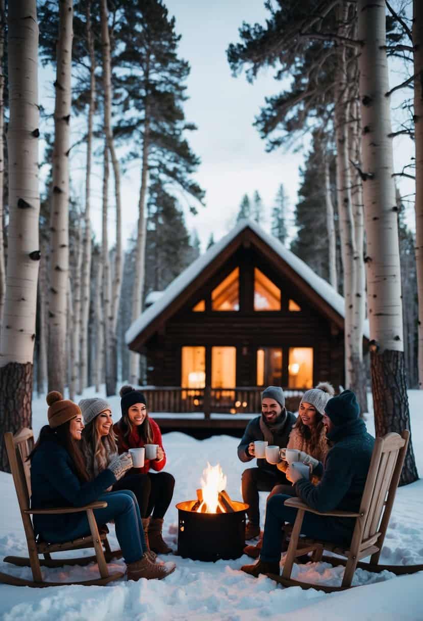 A cozy cabin nestled in a snowy Aspen forest, with a group of friends gathered around a crackling fire, sipping hot cocoa and enjoying the winter scenery