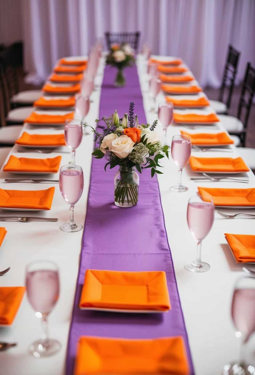 Lavender table runners with orange napkins arranged on a wedding reception table