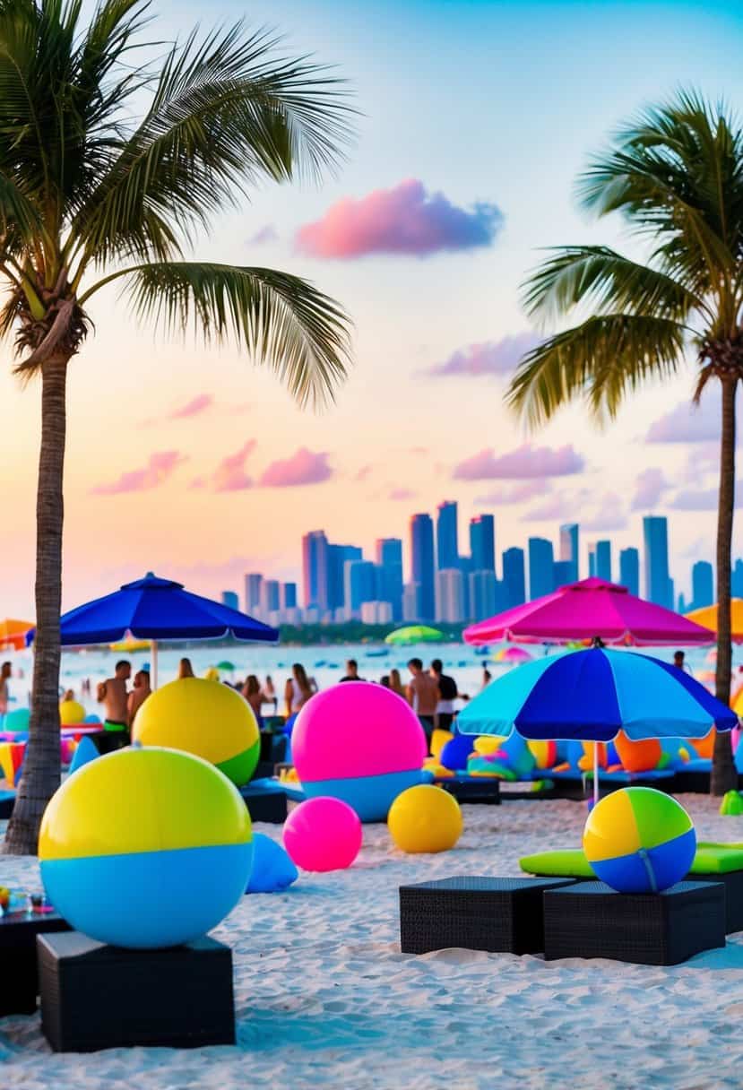 A colorful beach party with palm trees, umbrellas, and beach balls, set against a vibrant Miami skyline
