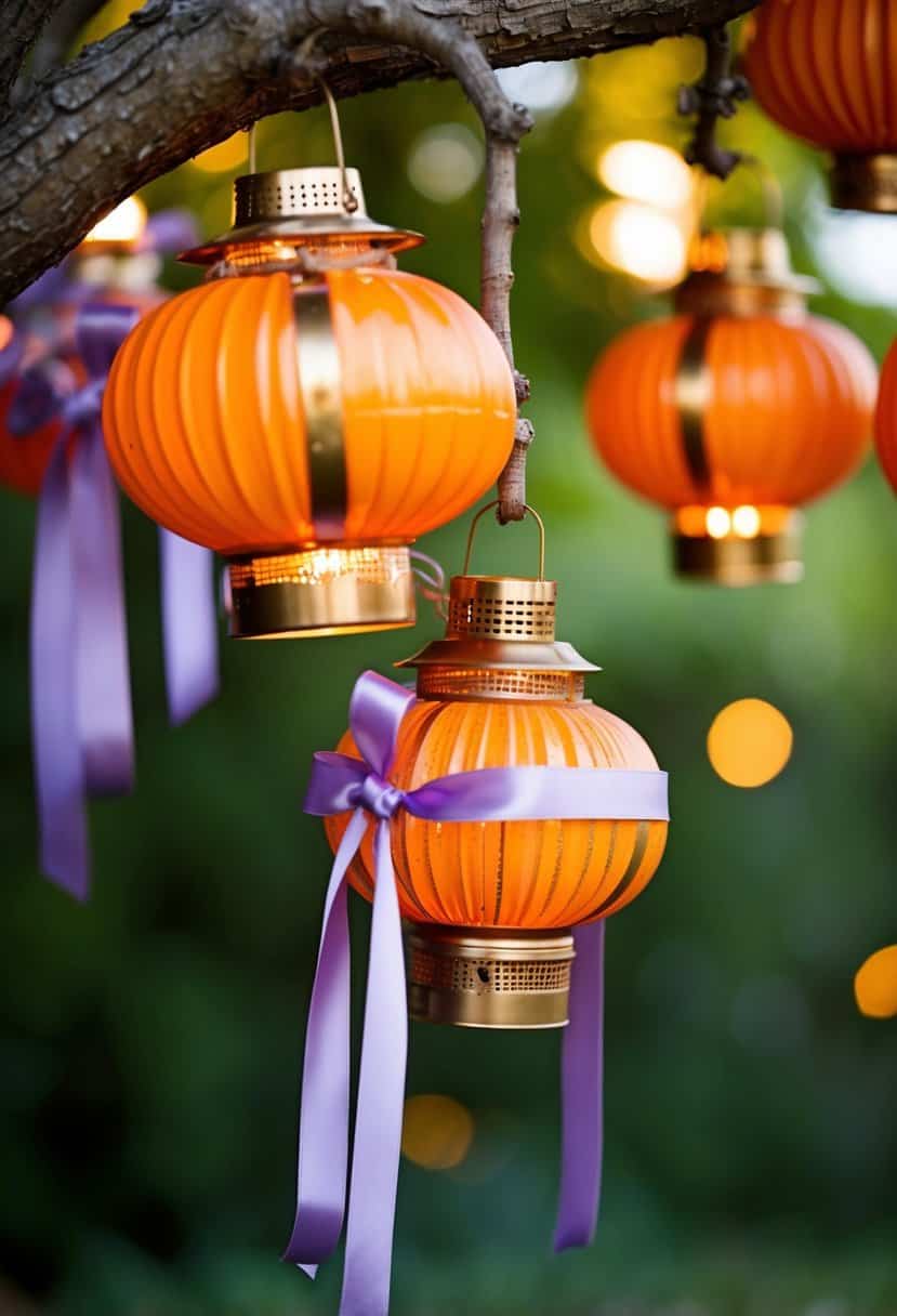Rustic orange lanterns adorned with lavender ribbon hang from a tree branch