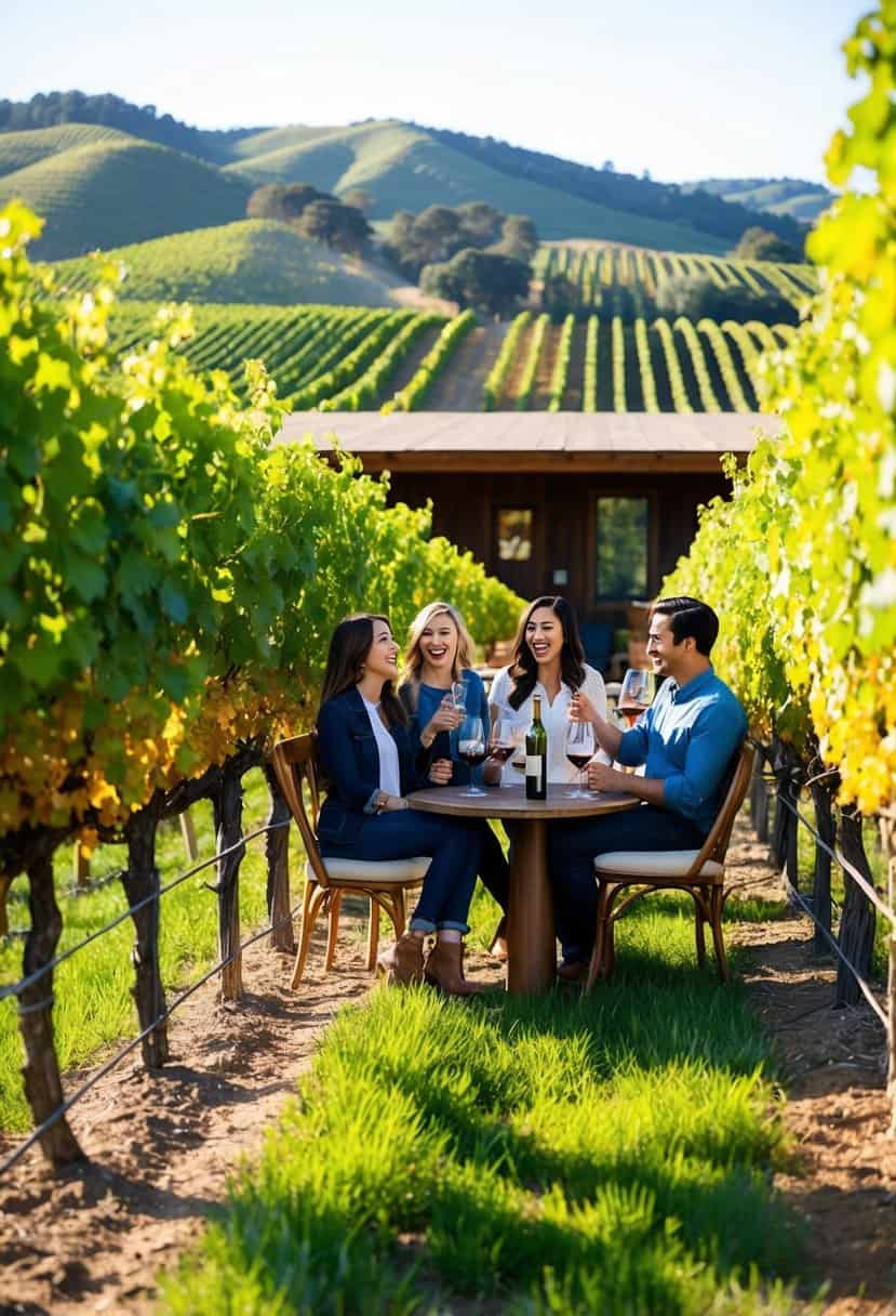 Vibrant vineyard scene with rolling hills, lush grapevines, and a rustic tasting room. A group of friends enjoys wine and laughter in the picturesque Napa Valley setting