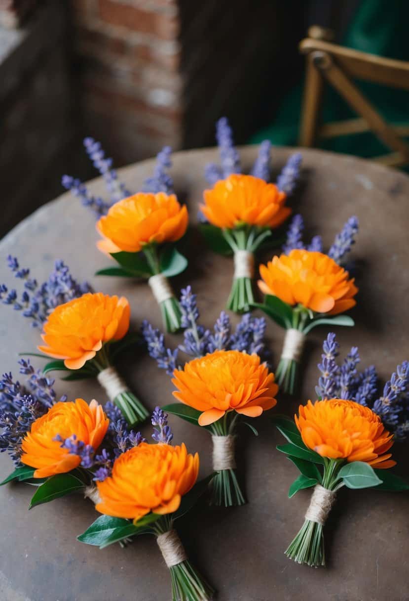Orange boutonnieres with lavender sprigs arranged in a rustic, elegant setting