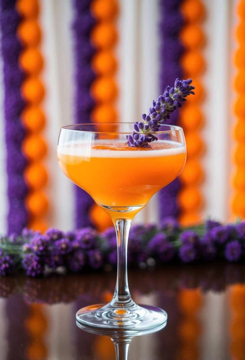 A glass filled with a vibrant orange cocktail garnished with a sprig of lavender, set against a background of lavender and orange wedding decor