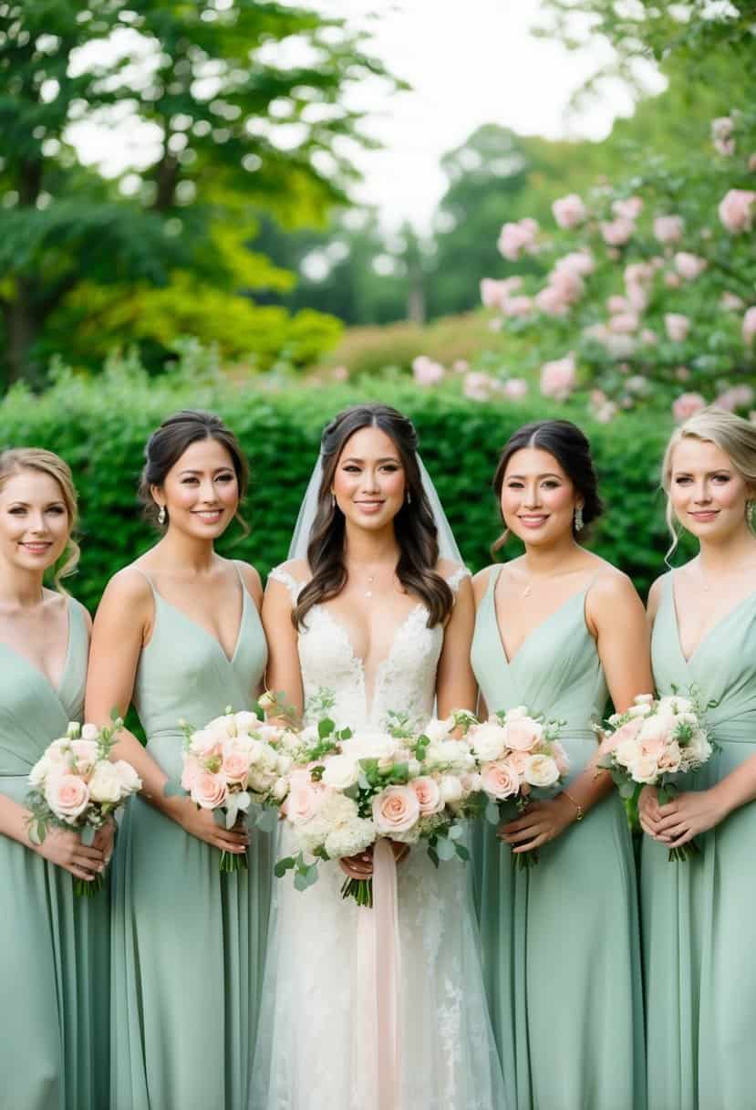A serene garden wedding with sage green bridesmaid dresses and blush pink floral arrangements