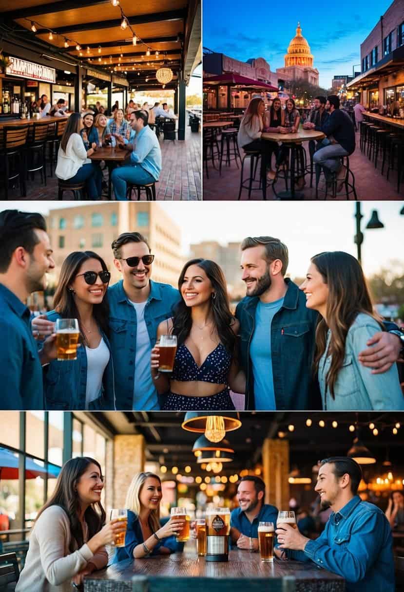 A group of friends enjoy a lively bar crawl in Austin, Texas, with each season represented in the background - from sunny patios to cozy indoor bars