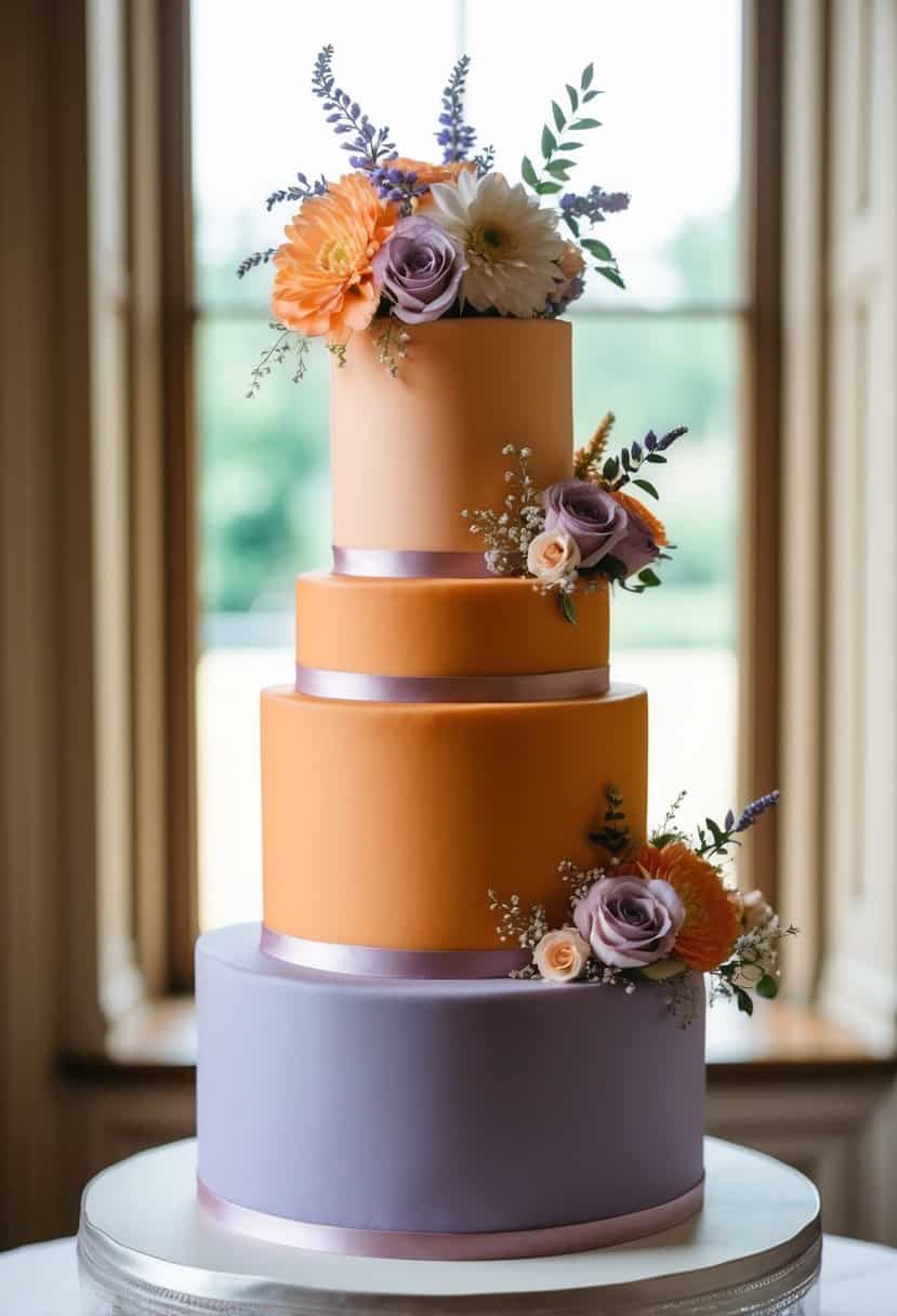 An elegant three-tiered wedding cake in shades of orange and lavender, adorned with intricate floral decorations on top