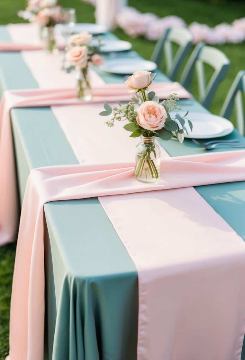 Blush pink table runners draped across a sage green table, adorned with delicate blush pink wedding decor