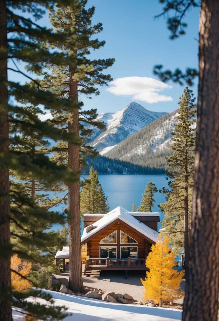 A cozy cabin nestled among pine trees, with a view of Lake Tahoe in the background. Snow-covered mountains in winter, vibrant foliage in fall, and clear blue waters in summer