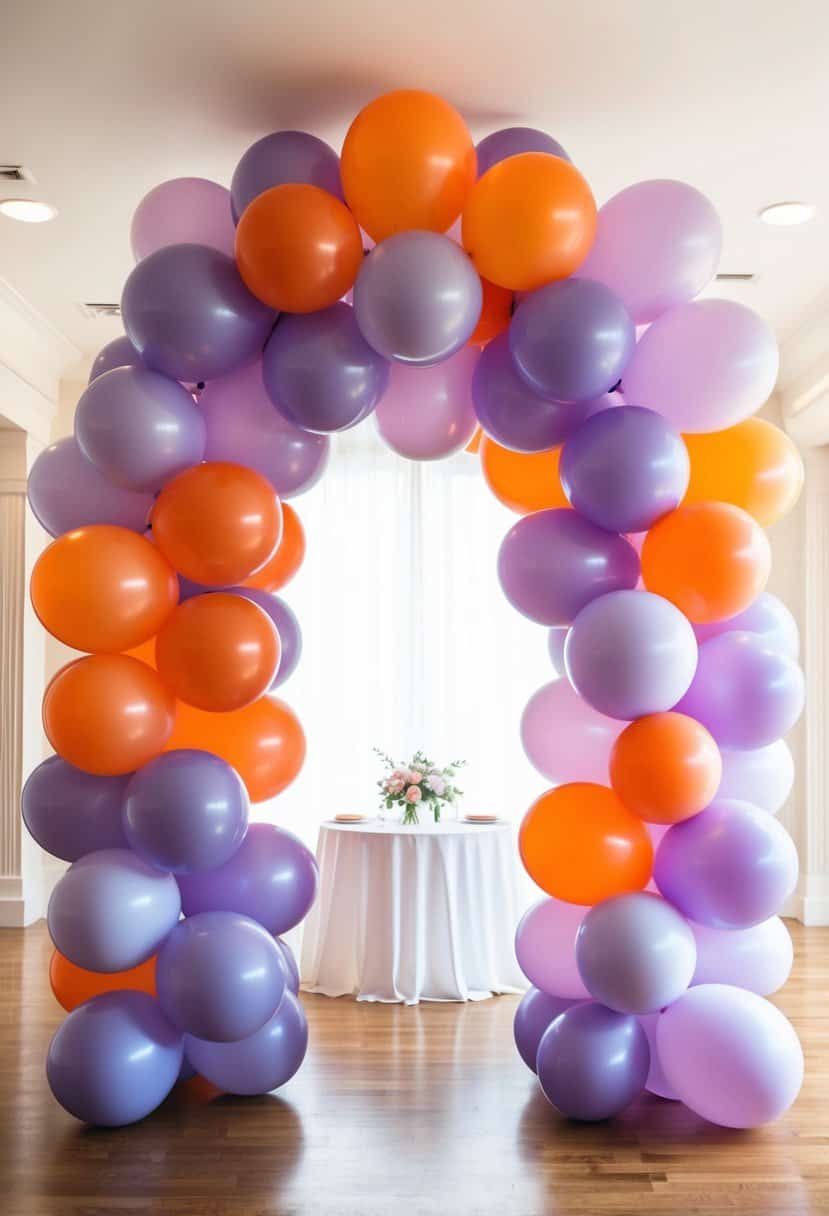 A vibrant balloon arch in shades of lavender and orange, creating a whimsical and romantic atmosphere for a wedding celebration