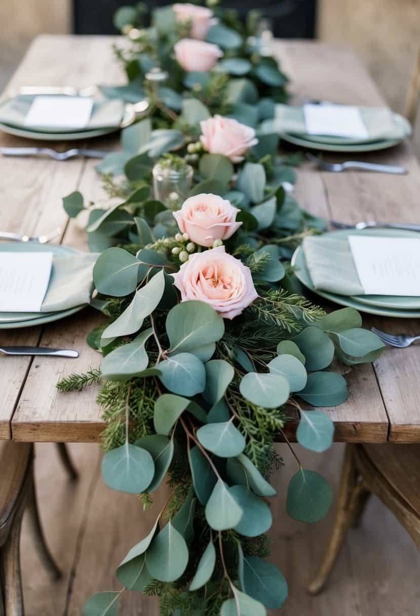 A lush eucalyptus greenery garland drapes across a rustic wooden table, intertwined with delicate blush pink roses and sage green accents
