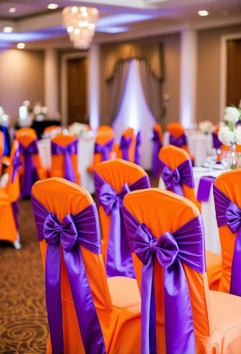 Orange chair covers with lavender sashes tied in elegant bows adorn the wedding reception, creating a vibrant and inviting atmosphere