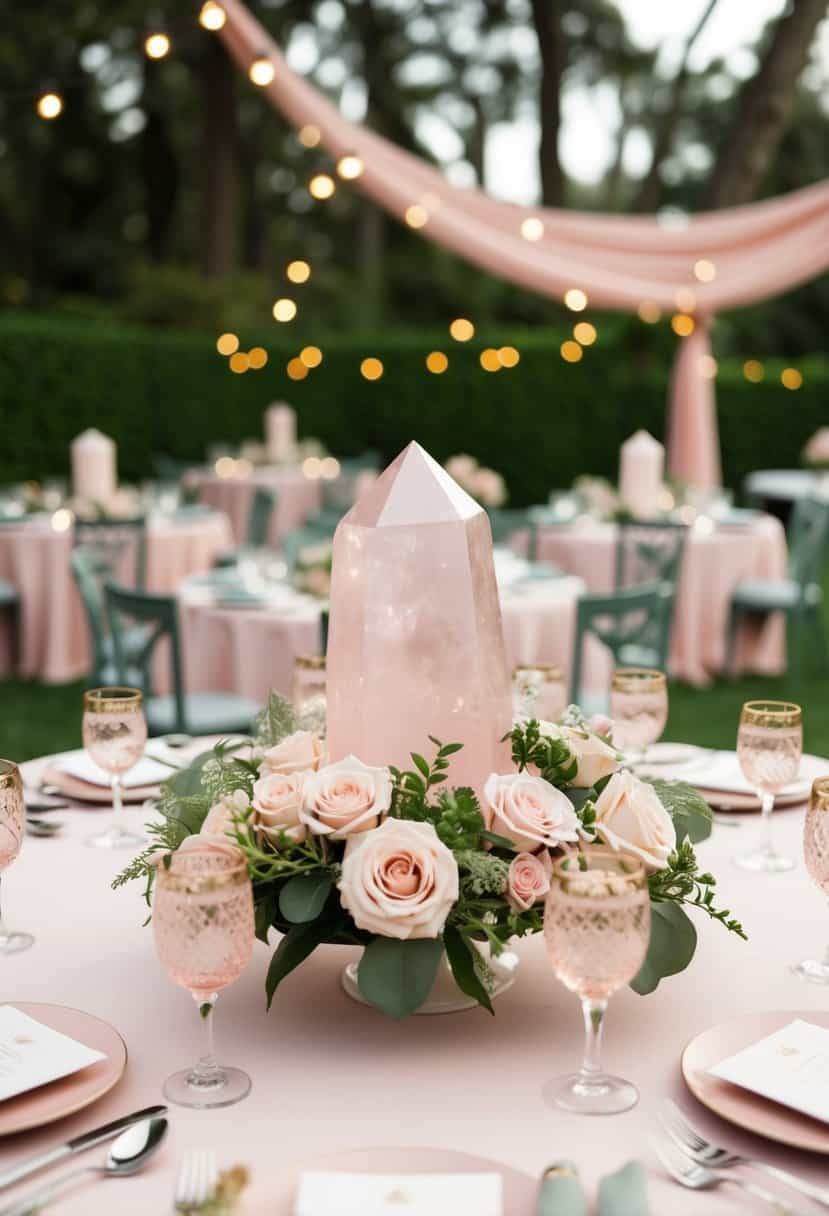 A wedding table with rose quartz centerpieces surrounded by sage green and blush pink decor