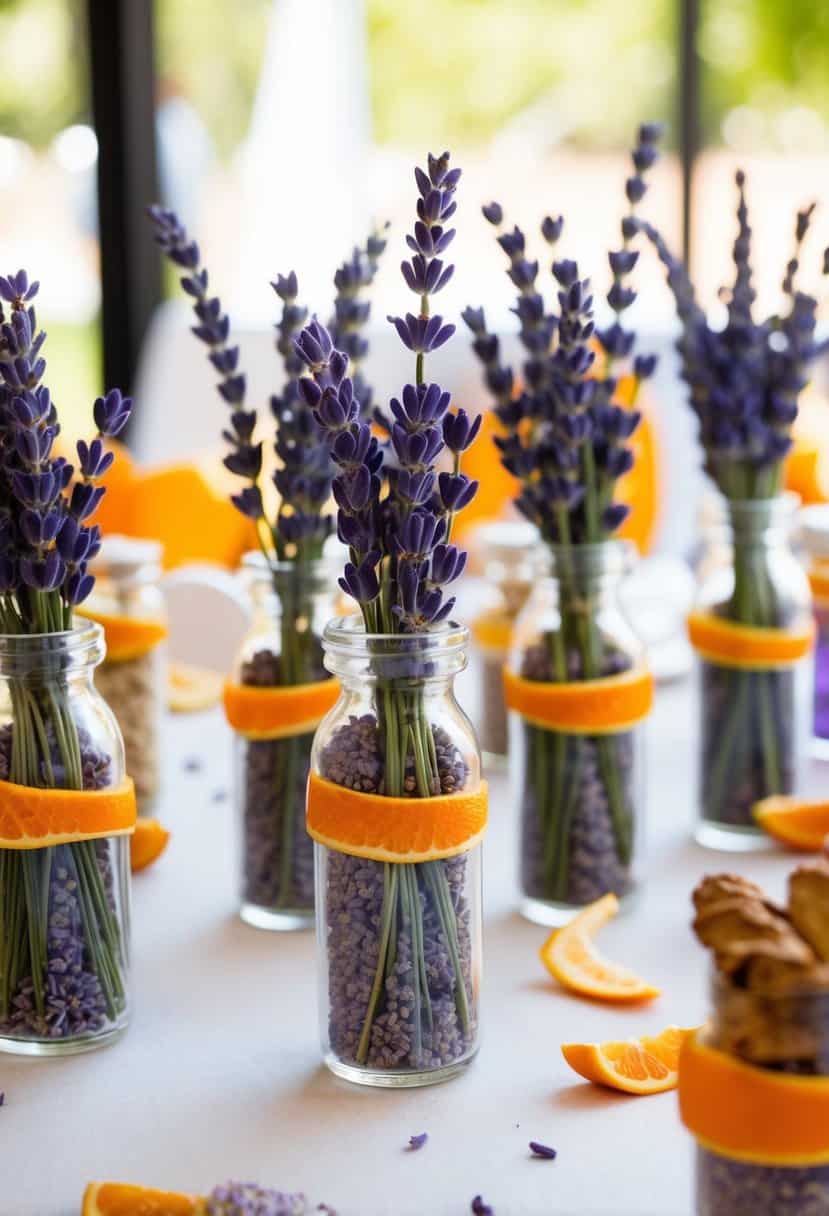 A table adorned with lavender potpourri wedding favors, accented with orange peel