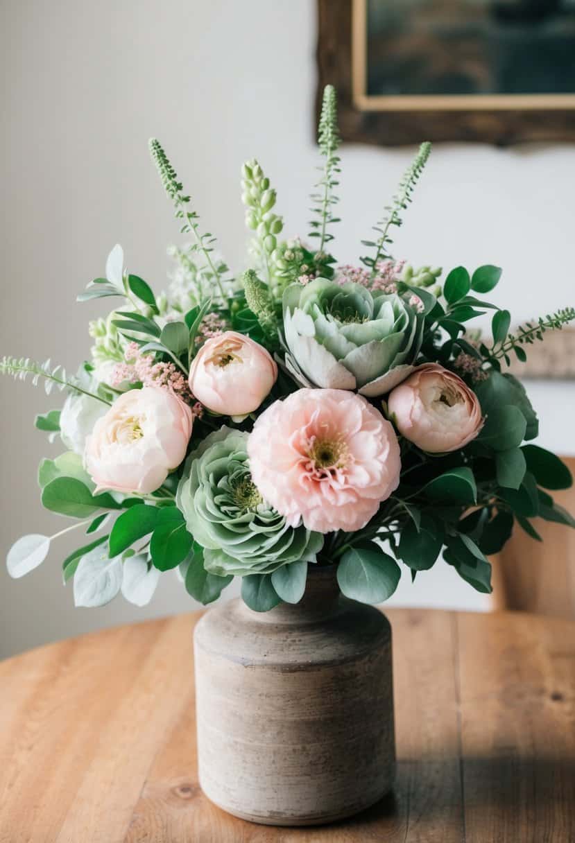 A bouquet of sage green and blush pink flowers arranged in a rustic vase on a wooden table