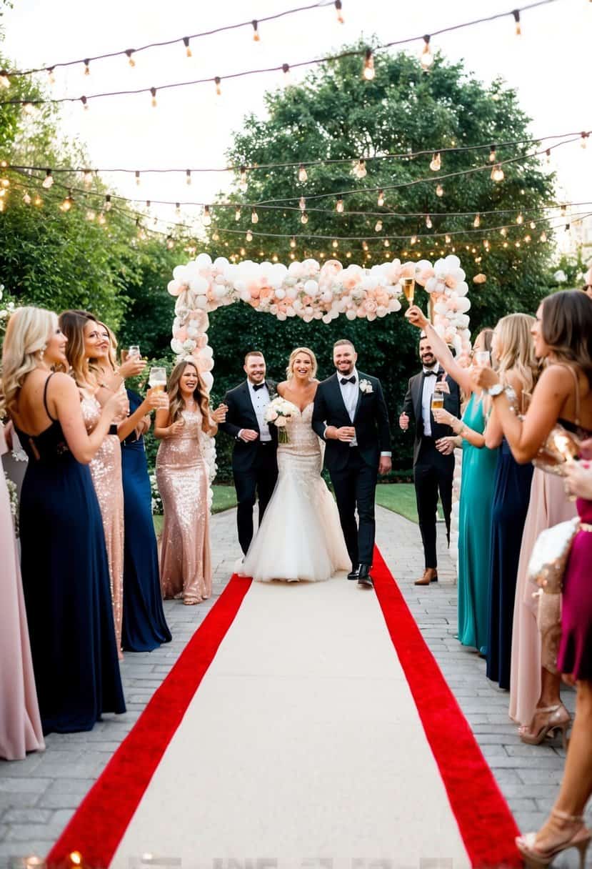 A glamorous outdoor bachelorette party with twinkling lights, elegant decor, and a red carpet entrance