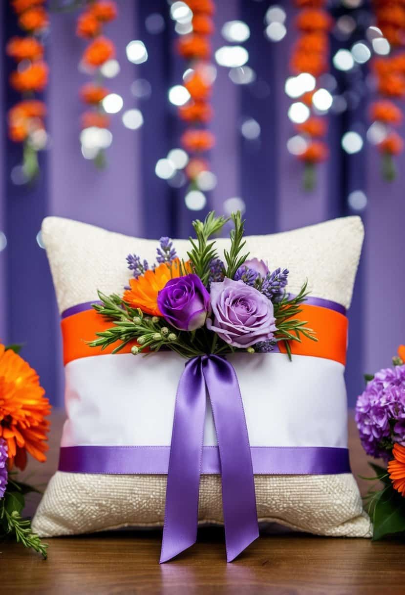 A ring bearer pillow adorned with lavender and orange flowers, set against a backdrop of coordinating wedding decor