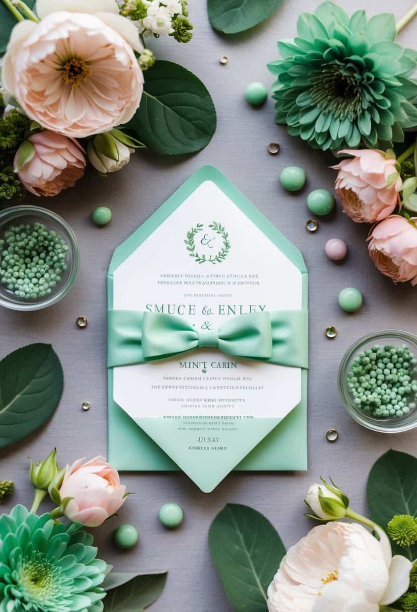 A mint green wedding invitation surrounded by sage green and blush pink floral arrangements